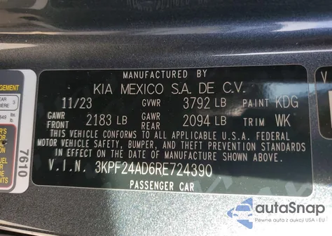 2024 Kia Forte Lx z USA, uszkodzony, nr VIN 3KPF24AD6RE724390